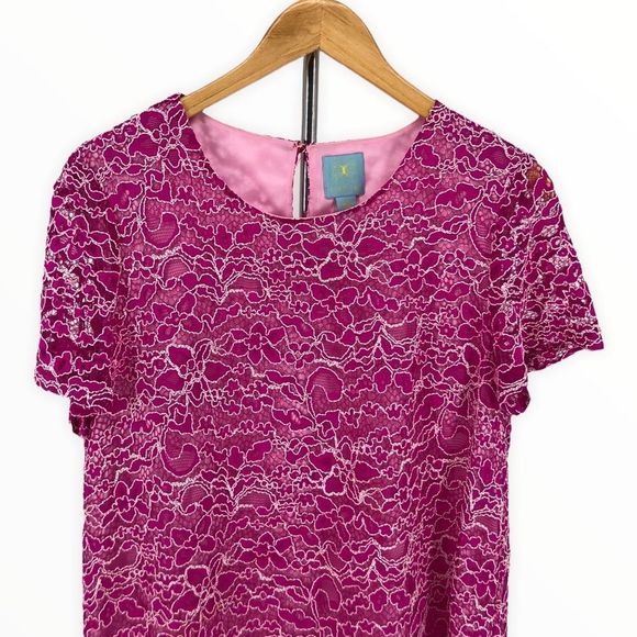 CeCe Pink Corded Lace Short Sleeve Shift Mini Dress size 10 - Picture 3 of 13